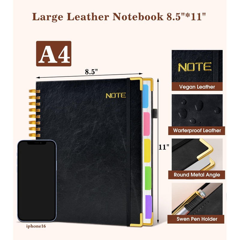 Hardcover Large Spiral Notebook 8.5" x 11" with Removable Dividers