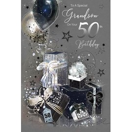 Cherry Orchard Luxury Grandson 50th Birthday Card with Modern presents & balloons design, Silver Foil Detailing and Silver Envelope