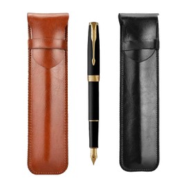 Zhenp Pack of 2 Genuine Leather Pencil Cases 15 x 4 cm / 5.9 x 1.57 Inches Fountain Pen Case for 1-3 Pens Protective Leather, Ballpoint Pen, Stylus (Black & Brown)