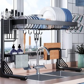 Over Sink Dish Drainer Drying Rack, 2 Tier Full Stainless Steel Storage Adjustable Length (25.98'' to 36.61'') Kitchen Rack, Multifunctional Expandable Counter Organizer, Space Saver Dish Rack organizer Black - Color: Black