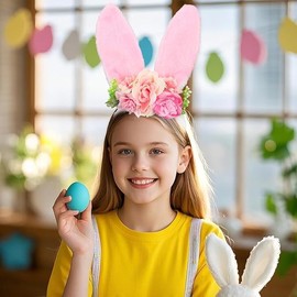 Rabbit Headband with Flower，Rabbit Ears Floral Spring Hair Accessories for Women (Pink, One size)