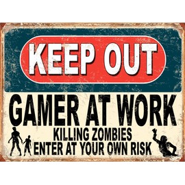 Shawprint Keep Out Gamer At Work Killing Zombies Enter At Your Own Risk Funny Metal Signs Father's Day Home Pub Indoor & Outdoor Garden Bar Garage Vintage Wall Plaque Man Cave Gift Retro (A4)