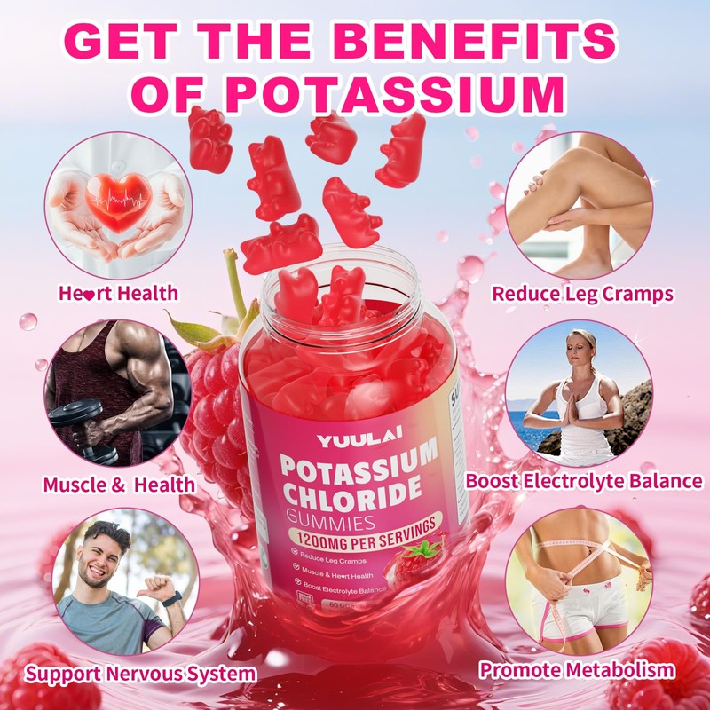 Potassium Gummies, Potassium Chloride Gummies 1200mg for Adults, Sugar-Free Potassium