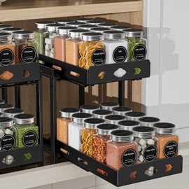 BOIVSHI Pull Out Spice Rack Organizer for Cabinet, 2-Tier Cabinet Spice Rack Organizer, Height Adjustable Vertical Spice Rack for Kitchen Cabinet (7.5''Wx10.8''Dx9.2''H, Metal Black)