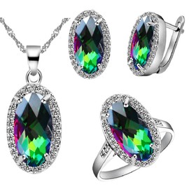 Uloveido Women Mystic Topaz Stone Necklace Pendant Ring and Earrings Bridal Jewelry Set with Cubic Zirconia for T482