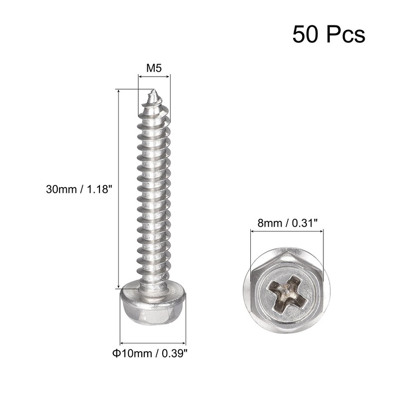 sourcing map Phillips Hex Washer Self Tapping Screws, M5 x