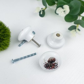 JamJam 1.5" 8PCS Octopus with Flower Cute Unique Under The Sea Ocean Animal Door Kitchen Cabinet Knob Ceramic Dresser Drawer Knobs and Pulls