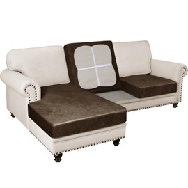 Pfrstuv 3PCS Couch Cushion Covers for Sectional Sofa Leather Look L Shape Couch Both Left/Right Chaise Lounge Separate Cushion Sofa Seat Slipcovers (2 Seater + 1 Chaise, Dark Brown)