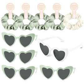 BOUBONI 5 Pcs Satin Bridesmaid Scrunchies 5 Pairs Bachelorette Sunglasses Elastic Bridal Party Hair Ties Ideas Gift Heart Shaped Sunglasses for Wedding Party Bridesmaid Proposal Gifts (Green, White)