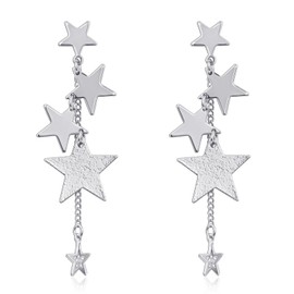 Silver Sparkly Star Drop Earrings, 925 Sterling Silver, Long Tassel Stud Earrings Dangling
