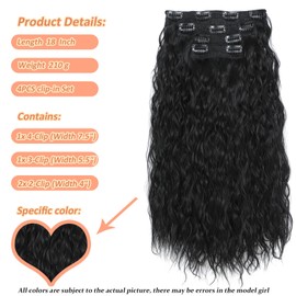 Natural Black Clip in Hair Extensions, Hair Extensions Clip Ins 18 Inch Synthetic Curly Wavy Hair Extensions Long Thick Clip on Hair Extensions for Women Hairpieces(Natural Black)