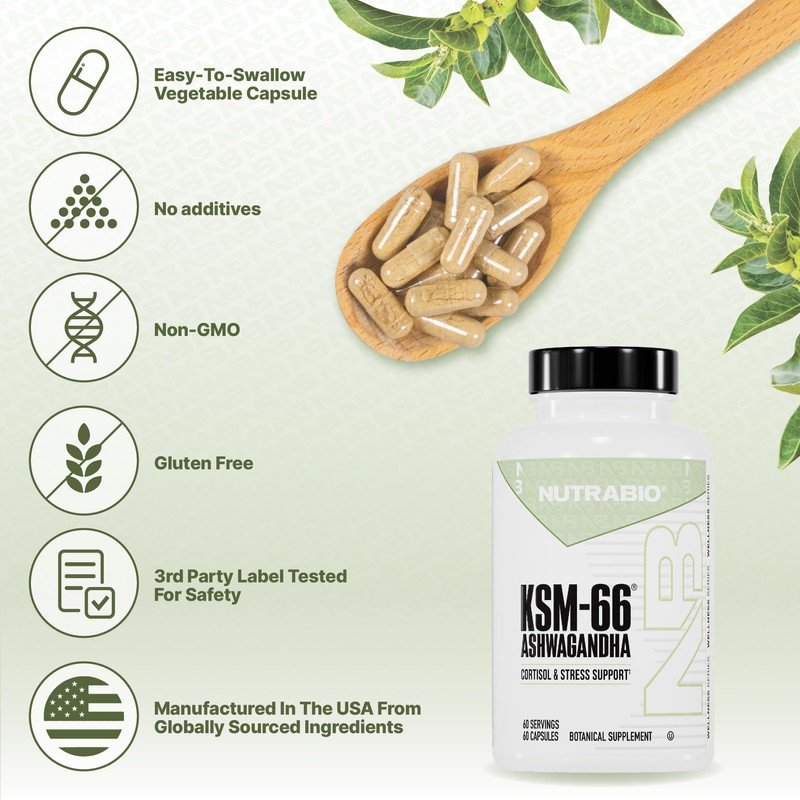 NutraBio Ashwagandha KSM-66 | Ashwagandha Herbal Supplement for Stress, Mood,