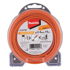 Makita E-01797 Four-Leaf 2.4 mm x 15 m Trimmer Line Nylon Orange Noise Reducing Increased Running Time Especially for Cordless Grass Trimmers and Cordless Brush Cutters