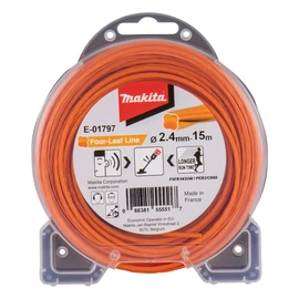 Makita E-01797 Four-Leaf 2.4 mm x 15 m Trimmer Line Nylon Orange Noise Reducing Increased Running Time Especially for Cordless Grass Trimmers and Cordless Brush Cutters