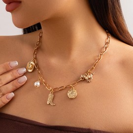 Stocking Stuffers Gifts for Women Western Choker Necklace for Women Gold Charm Necklace Cowboot Hat Necklace Bull Head Necklace Pearl Cross Turquoise Necklace Western Outfits for Women