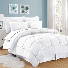 Sweet Home Collection 8 Piece Bed In A Bag with Dobby Stripe Comforter, Sheet Set, Bed Skirt, and Sham Set - King - White