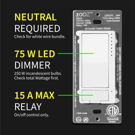 Zooz Z-Wave Long Range Double Switch (White) ZEN30 800LR for Fan and Light Combo (NO Speed Control), Hub Required (Works with Home Assistant, Hubitat, Wink, SmartThings, Z-Box Hub)