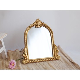 Small Gold Vintage Vanity Mirror with Stand, 10.5" x 9.5", Resin Carved Arch Table Mirror, Antique Decorative Mirror for Living Room, Bedroom, Dresser, Desktop Décor