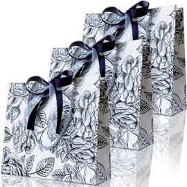 PARTNERR Éclat Noir Wrapping Gift Bag, Handbag, Paper Bag, Cute, Stylish, Set of 3, Floral Pattern, Ribbon 2 Colors, Birthday, Mother's Day, Valentine's Day, Christmas