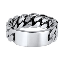 Kuzzoi Mens Ring Plate Link Look Band Ring Solid (7mm) Wide in 925 Sterling Silver Curb Link Look Masculine Ring for Men Ring Size 60-66, Sterling Silver