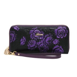 ArtsEye Rose Embossed Genuine Leather Long Zip Around Wallet, Purple, One Size, Zippered Wallet
