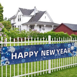 FHGG Happy New Year Backdrop Banner Decorations Polyester Sign Poster Blue Background with Pattern for 2026 New Year Party Festival Home Decor Photo