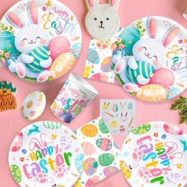 Easter Party Supplies Tableware, Serves 20 Easter Tableware Set Includes Easter Plates and Napkins Tablecloth & Happy Easter Banner etc Bunny Birthday Decorations Supplies for Kids