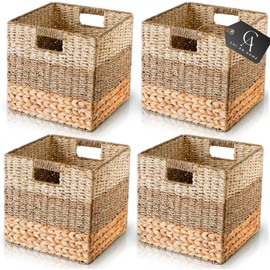CHI AN HOME 13x13x13 Storage Cube Bins Wicker Storage Basket for Cube Shelf, Natural Foldable Square Baskets for Storage, Large Woven Cube Storage Bin with Handle, Baskets for Pantry, Bedroom Set of 4