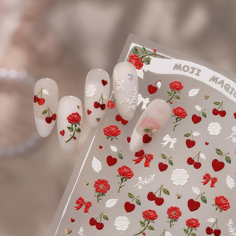 5D Embossed Rose Nail Stickers, Vintage French Cherry Bow Self-Adhesive