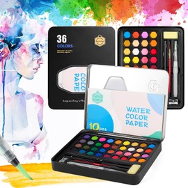 (2022 Nuevo modelo) Cheelom Pintura de Acuarela, Set de 36 Colores,Kit de Acuarela Profesional de Gouache con Pincel de Agua, Lápices, Estuche, Papeles, Set Acuarela con Caja Metálica
