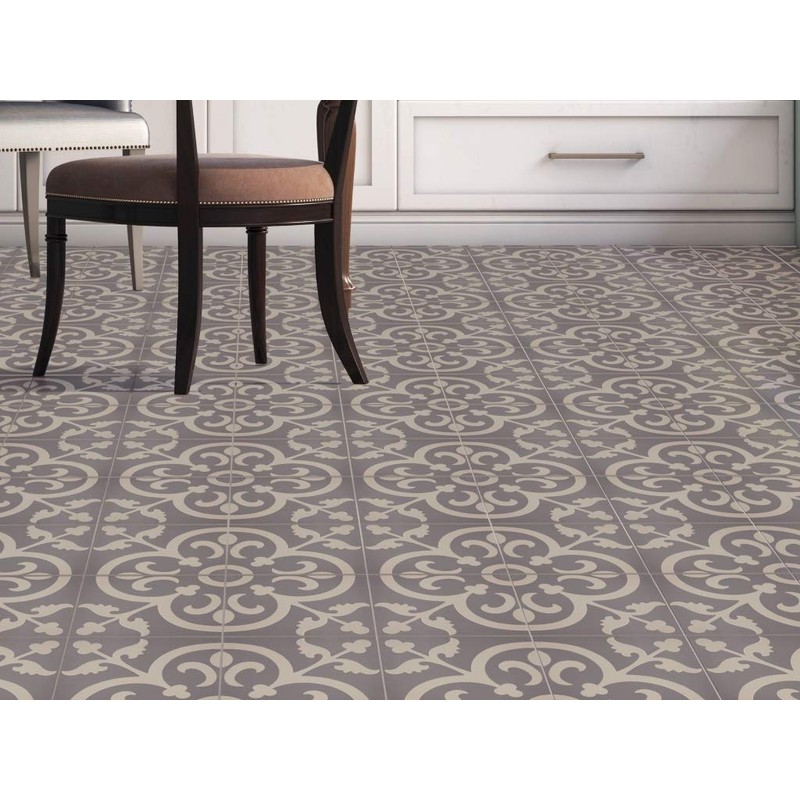 Flora Encaustic Soft Gray White 8x8 Satin Glaze Ceramic Tile