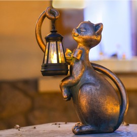 WHIMSYNOOK 10.7" Resin Cat Solar LED Garden Statue Light, Bronze-Colored, Ideal for Porch, Lawn, Yard, Housewarming, or Birthday Gifts for Mom, Family, and Cat Lovers