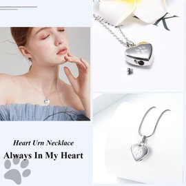 VEOIRXU Urn Necklace for Ashes, Pendant Paw Print Pet, Heart Urn Necklace, Memorial Keepsake Urn Jewellery with Funnel Kit for Pet/Dogs/Cat Ashes (Silver)