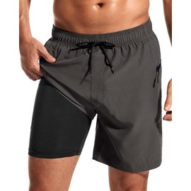 SILKWORLD Men's 18 cm swimming shorts with compression lining, quick-drying and zip pockets, gray, L