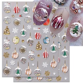 IDDFEVE Christmas Nail Art Stickers, 5D Embossed Crystal Ball Nail Decals Self-Adhesive Winter Snowman Snowflakes Xmas Tree Design for Holiday DIY Nail Decorations(2 Sheets)