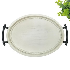 Oval Rustic Wooden Decorative Tray, Serving Tray with Metal Handles, Ottoman Coffee Table Tray, Farmhouse Centerpiece for Kitchen or Living Room (White)