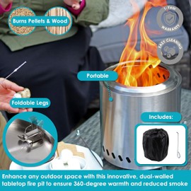 Sunnydaze Tabletop Smokeless Fire Pit with Foldable Legs, Storage Bag, and Poker - Pellet or Wood Burning - 9.75-Inch H - Silver