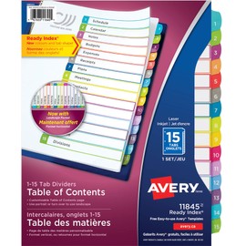 AVERY Customizable Table of Contents Dividers, Ready Index Binder Dividers, Multi-Colour, 1-15 Tabs, 1 Set (11845)