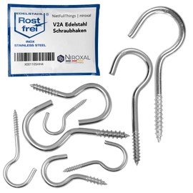 NietFullThings Screw Hooks Stainless Steel Ceiling Hook with Screw V2A Hook Screw Wooden Hooks Wall Hooks A2 Semi-Open Rustproof 5.2 mm Thickness 80 mm Length Pack of 10