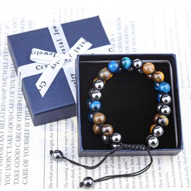 Mochity Mens Bracelet Pearl Natural Stone Bracelet Men Braided Bracelet Adjustable Tiger Eye Lava Stone Bracelet Men Bracelets Gift for Men, Stainless Steel, Stainless Steel