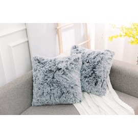 NordECO HOME Pack of 2 Faux Fur Cushion Covers Luxury Fluffy Decorative Fuzzy Square Throw Pillow Case for Sofa Decor 50x50cm, Black Ombre