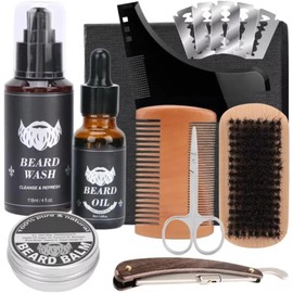 Kit 10 Piezas Cuidado Barba y Bigote para Hombre con Sérum, Bálsamo, Cepillo, Peine, Tijeras, Navajas y Más – Regalo para Caballeros con Bolsa Incluida