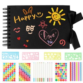DIY Photo Album, Scrapbook 80 Pages Photo Book 21.5 x 15 cm with Stencil Stickers, DIY Photo Book, Black, Photo Album with 80 Pages Scrapbook, for Birthday, Wedding