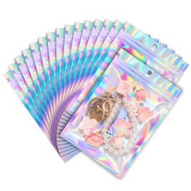 ANZNKU 100 Pack Mylar Bags Reasealable Holographic Bags, Smell Proof Bag Zipper Pouches with Clear Window, Jewelry Candy Sealable Bag for Packaging Sample Party Favor (5.5 x 7.9 Inch)