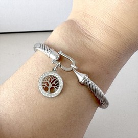 Jeolory Adjustable Twist Stainless Steel Cable Wire Silver Tree of Life Pendant Charm Bracelets Friendship Open Bangle Wrist Cuff for Women