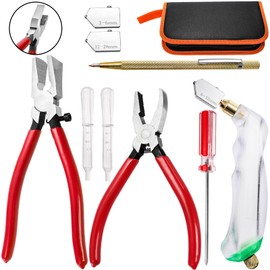 Okllen 9Pcs Glass Running Breaking Pliers and Glass Cutter Kit, Breaker Grozer Pliers with Curved Jaws, Glass Cutting Tools for Stained Glass, Mosaics, Tile, Fusing, Breaking