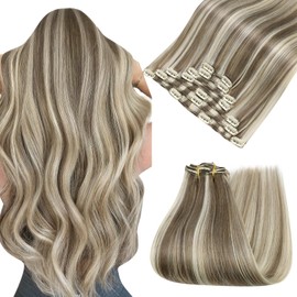 Easyouth Clip in Human Hair Extensions Highlight Remy Human Hair Clips in Extension Light Brown with Highlight Blonde Hair Extension Clips ins with Soft and Silky Smooth 7Pcs 80G 14 Inch
