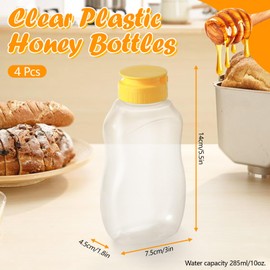 Sekonow 4Pcs 10oz Clear Plastic Honey Bottles, Refillable Empty Honey Container, Honey Squeeze Bottle Jar with Leak Proof Flip-Top Lids for Storing and Dispensing, Dishwasher Safe