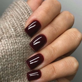 Short Press on Nails Square Fake Nails Wine Red False Nails with Design Solid Color Acrylic Nails Glossy Glue on Nails Full Cover Stick on Nail Artificial Nails for Women Christmas Manicure 24Pcs