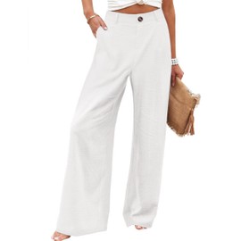 Hooever Womens Cotton Linen Pants Casual Button Up High Waisted Wide Leg Trousers(hite-XS) White